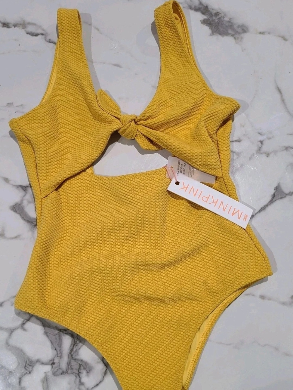 MINKPINK Yellow Textured One-Piece Swimsuit with Front Knot